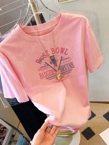 Pink Bear Short Sleeve T-Shirt Womens Loose Fit round Neck Pure Cotton Summer New Style Thin Body Shirt Trendy Youthful
