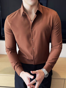 เสื้อเชิ้ตผู้ชายคุณภาพสูง แขนยาว ทรงสลิมฟิต สำหรับธุรกิจและลำลอง สีสันสดใส แฟชั่น ทรงตรง ป้องกันรอยยับ ผ้าฝ้ายโพลีเอสเตอร์