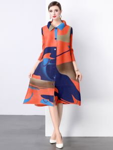 High-End Pleated Dress Spring Summer Autumn Ladylike Loose Shirt Cardigan Bead Jacket A-Line Midi Dress Button Detail Print