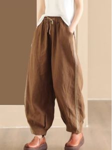 กางเกงฮาเร็มผ้าฝ้ายลินินหลวมๆ ลำลองสำหรับผู้หญิง กางเกงขายาวทรงขากระบอกสีตัดกัน ทรงเก้าส่วน กางเกงขายาวเอวยางยืด