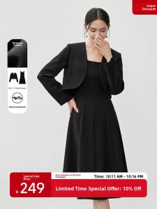 Womens Short Sleeveless Vest Dress with Shoulder Pads Autumn New Style Fashion Set Two-Piece Polyester Fiber Long Sleeve Top