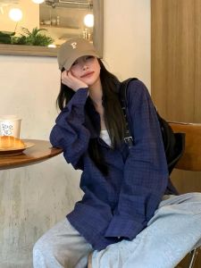 Áo Sơ Mi Kẻ Caro Cổ Điển Mỹ Màu Xanh Chống Nắng Cho Nữ Mùa Hè Rộng Rãi Tay Dài Mỏng Thường Ngày Ngọt Ngào Áo Khoác Ngoài