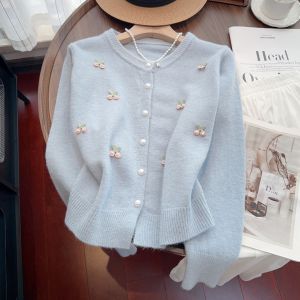 Áo Khoác Len Cardigan Dệt Kim Màu Đỏ Kiểu Pháp Ngọt Ngào Mới Cho Nữ Mùa Xuân Thu Dáng Rộng Thoải Mái Cổ Tròn Dài Tay