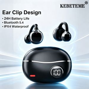 KEBETEME Open Ear Clip On Wireless Bluetooth Earbuds Digital LED Power Display Charging Case Air Conduction Sports Earphones Waterproof Touch Control TWS Headphones for Running Gym