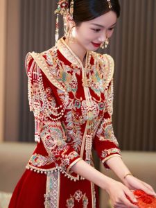 ชุดเจ้าสาวซาตินหรูหรา ชุดแต่งงานแบบจีนสำหรับฤดูใบไม้ร่วงและฤดูหนาว ชุดแต่งงานแบบผสมผสานสำหรับคู่รัก เสื้อผ้าผู้หญิงและผู้ชาย