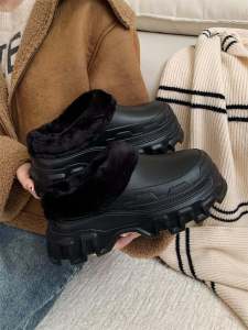 Thin Strip Street Fashion Thick Sole Womens Cotton Slippers Ins Height Increasing Fleece-lined Winter Lazybones Outdoor Closed Toe Cotton Shoes