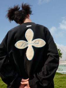 nuthink | Cross Pearl Embroidery Letter Round Neck Hoodie