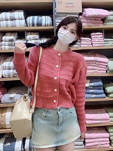 FunnyeS Women Casual Plain Button Front Metal Cardigans Korean Round Neck Long-Sleeved Short Knit Sweater L2226