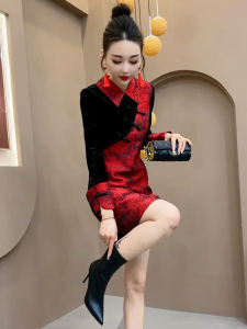 Vintage Style Midi Dress for Short Women with Puff Collar Long Sleeve Autumn Winter Slimming Fashionable Chinese Knitted Dress