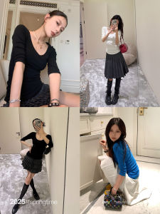 SUNONEONE Slim Fit U-Neck Base Shirt Womens Spring 2026 New Style Shoulder Length Thin Short Sleeve American T-Shirt