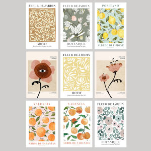 Nordic Modern Watercolor Floral Decorative Art Self Adhesive Fruit Pomegranate Restaurant Decoration Painting Core Back Glue