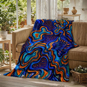 BILIBILI | Fluid Waves Blue Orange Flannel Blanket Perfect for Sofa Office Bed Travel Sleep Read Relax Camping Four Season Use