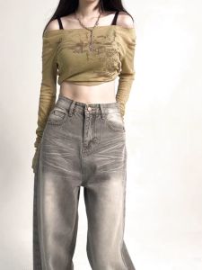 🔥Fran🔥 blouses women new style 2025 American Style Retro Wide Leg Jeans Women Loose Jeans Gray Straight Leg Pants