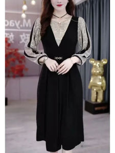 French Elegant Sequin Design Long Sleeve A-Line Dress Womens Autumn New Style Slimming Fake Two-Piece Dress High Waist Polyester