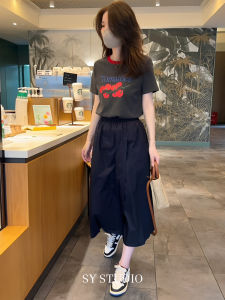 Summer Fashion Print Short Sleeve T-Shirt Midi A-Line Split Casual Skirt Pants Two-Piece Set Anti-Aging Polyester Fiber
