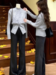 HUOLISI | Gray Semi-High Collar Knit Sweater Top