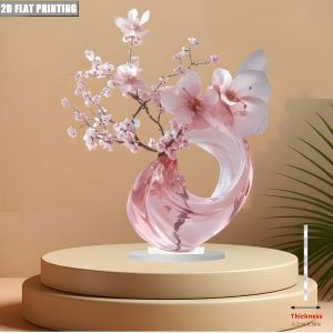 1PC Pink Cherry Blossoms 2D Flat Acrylic Figurine Home Office Cafe Room Studio Display Case Table Ornament Desktop Decor Kit