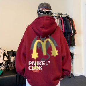 Jiaxun | Mens Autumn Winter Wine Red Little Devil Heavyweight Hoodie