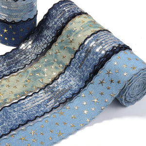 25/40MM Denim Cloth Ribbon Star Stamped Sequin Webbing for Clothing Sewing Supplies DIY Hair Bows Hat Decoration Accessories