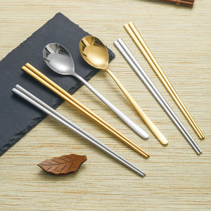 304 Korean Style Stainless Steel Chopsticks Golden Spoon South Korea Solid Flat Chopsticks Barbecue Tableware For Home Square-Headed Chopsticks 1 Pair