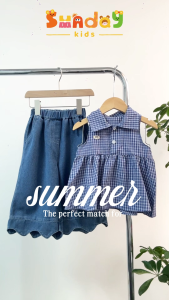 Sundaykids Terno Girls Plaid Sleeveless Blouse & Scalloped Hem Denim Pants Set