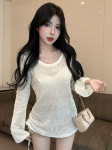 GUZILIAN | เสื้อคลุมกันแดดแขนยาวถักแบบบางสำหรับฤดูใบไม้ร่วงและฤดูหนาว ดีไซน์ใหม่ แขนกระดิ่ง ชุดทำงานสไตล์เกาหลี สีพื้น