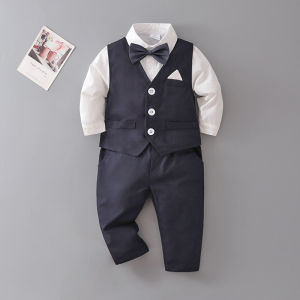 6 Size Baby Boy Suit Set Formal Suit for Boy Birthday Suit Children Tuxedo Sets Flower Boys Wedding Party Suit Boy Kids Clothes Long Sleeve All White Boy Shirt and Pants Long Photoshoot Costume Age 0 1 2 3 4 5