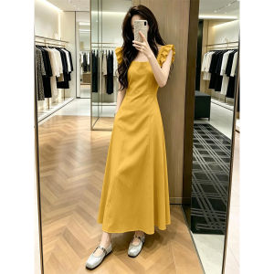 SUSIEYUAN | French Style Flying Sleeve Yellow Vest Long Dress for Petite Women