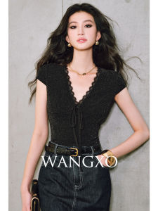 Shiny Silk High Density Knitted V-neck Belted Slim Fit Top Handmade Lace Hem Commute Elegant Style Short Sleeve T-shirt