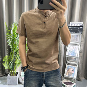 Cotton and Linen Short Sleeve Polo Shirt Mens Trendy Youth Silm Summer Thin Casual Linen Pure Color Lapel T-shirt Half Sleeve