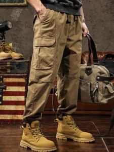 Loose American Style Mens Cotton Work Trousers Khaki Color Retro Martin Pants Casual Long Trousers Spring Autumn Season