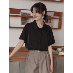 เสื้อเชิ้ตผู้หญิงแขนสั้นผ้าชีฟองสีดำ ทรงปกติ คอโปโล ปกติ สไตล์หวาน ฤดูร้อน 2024 เสื้อเชิ้ตผู้หญิงคอกลม