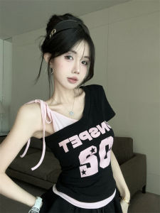 GUZILIAN | American Style Spicy Girl Asymmetrical Shoulder Strap Short Sleeve T-Shirt Womens Irregular Exposure Letter Print Slimming Short Top