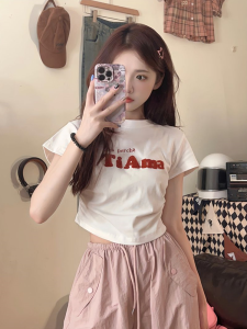 Embroidered Slim Fit Short Sleeve T-Shirt for Women Summer Cool Spicy Style High Waist Apparel with Creative Pattern