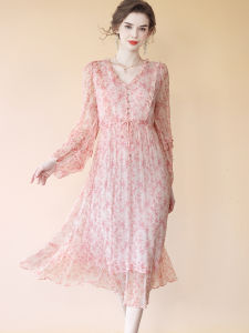 Silk Floral Print Dress Womens Autumn New Style Elegant French Style Gentle Sweet Mulberry Silk Dress V-neck Long Sleeve A-line Skirt