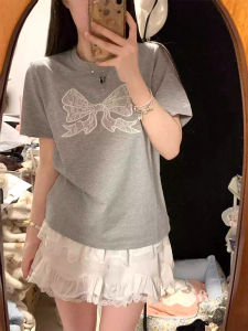 Chic Korean Style Butterfly Knot Print Cotton Short Sleeve T-Shirt Womens Regular Fit Casual Top for Younger Looking