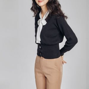 BAILUOANN | Bailuan V-neck Color Block Sash Knitted Cardigan Womens Short Sleeve Long Sleeve Sweater Outerwear Spring 2019 Commute Style