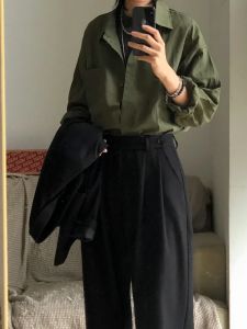 เสื้อเชิ้ตแขนยาวผ้าฝ้ายแท้ผู้หญิงฤดูใบไม้ผลิฤดูใบไม้ร่วง หลวม สวมใส่ด้านในสไตล์ขี้เกียจแจ๊กเก็ตเวอร์ชั่นเกาหลีรายละเอียดปุ่ม