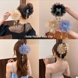 Elegant Butterfly Tassel Hair Claw Net Lace Flower Womens Hair Accessories Volumizing Shark Clamp Fashionable Hair Grips