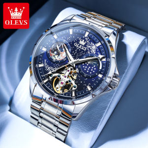 [Three-year Warranty] OLEVS Mechanical Watch For Mens Original Waterproof Starry Skies Dial Luminous Chronograph Multifunction Stainless Steel Strap