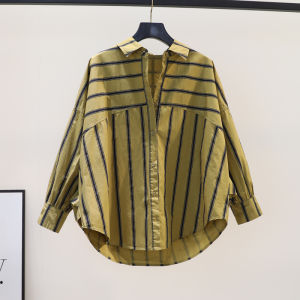 Yao Kexin Brand Womens Long Sleeve Cotton Shirt Loose Fit Striped Printed Design Casual Work Clothing With Buttons