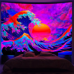 VIKAMA Fantasy Neon Wave Tapestry Sunset Waves Living Room Sofa Backdrop Wall Art Decorative Artistic Room Accent