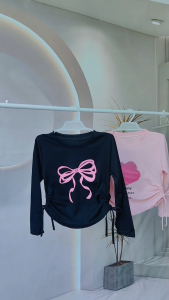 Cute Long Sleeves Crop Top Side String Ruched Blouse Printed Design Casual Long Sleeves Top for 5-12Y Kids Girls