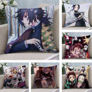 Bandai | Demon Slayer Daki Gyutaro Anime Plush Pillow Cover Soft Short Plush Cushion Cover For Sofa Bedroom Home Decor Gift Decoration