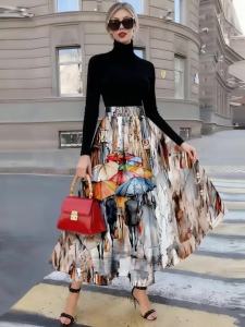 Printed Design Four Seasons People With Umbrellas Walking vacation style half skirt