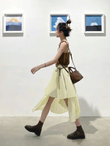 Small A- line High Waist Asymmetrical Pleated Skirt Womens Summer Mid Length Long Length Special-Interest Design Skirt New New Arrival