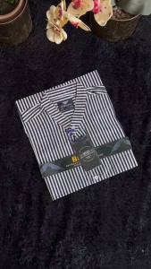 Kemeja Salur Lengan Pendek Pria Kerah Sanghai Kemeja Ganjar Tegak lurus Hitam Putih Size M L XL 2XL 4XL 6XL 8XL JU029