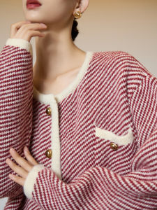 Red and White Striped Retro Soft Knitted Jacket Winter