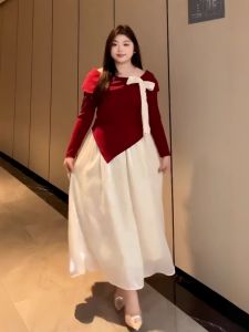 Bộ Đồ Hai Mảnh Vai Hở Tay Dài Thắt Nút Bướm Cho Nữ Cỡ Lớn Mùa Thu Bộ Váy Midi Cổ Chữ V Dài Tay Thời Trang Cho Nữ