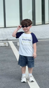 Set bộ tay ngắn raplang phối màu họa tiết Tomorrow và quần short jean bé trai 1đến7t BERNIE H0725B19